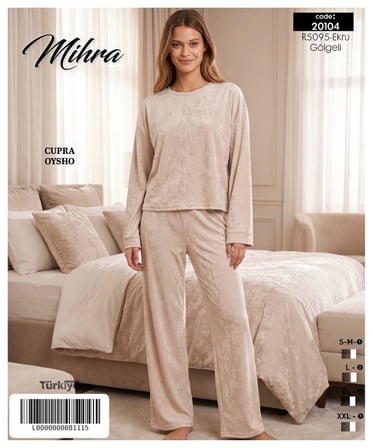 Mihra Kadın Oysho Bisiklet Yaka Uzun Kol Desenli Baharlık Pijama Takımı 20104EG - 1 Adet