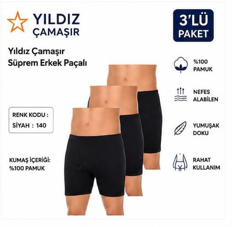 Yıldız Çamaşır Erkek Süprem Erkek Paçalı Boxer (05-140-141 )- 3 Adet
