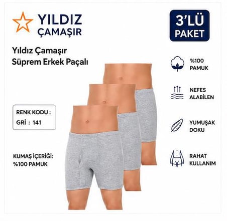 Yıldız Çamaşır Erkek Süprem Erkek Paçalı Boxer (05-140-141 )- 3 Adet