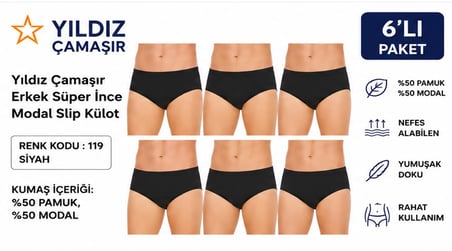 Yıldız Çamaşır Erkek Süper İnce Yazlık Modal Slip Külot (118-119)- 6 Adet