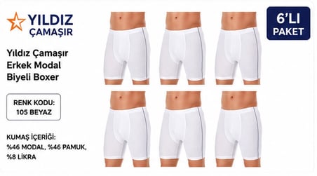 Yıldız Çamaşır Erkek Modal Biyeli Boxer (105-106-107-108-109)- 6 Adet