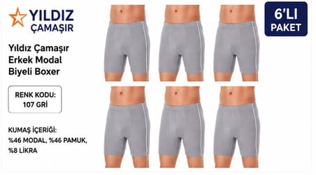 Yıldız Çamaşır Erkek Modal Biyeli Boxer (105-106-107-108-109)- 6 Adet