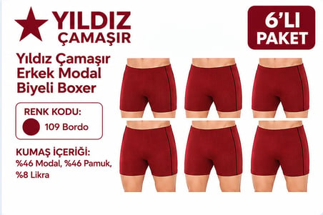 Yıldız Çamaşır Erkek Modal Biyeli Boxer (105-106-107-108-109)- 6 Adet