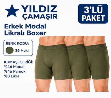Yıldız Çamaşır Erkek Modal Likralı Boxer (36-37-38-39-40-41-42)- 3 Adet