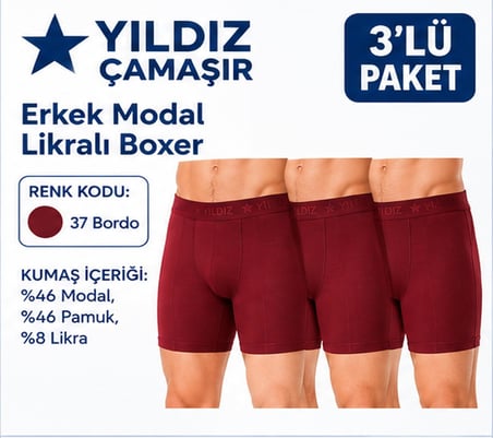 Yıldız Çamaşır Erkek Modal Likralı Boxer (36-37-38-39-40-41-42)- 3 Adet