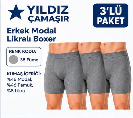Yıldız Çamaşır Erkek Modal Likralı Boxer (36-37-38-39-40-41-42)- 3 Adet