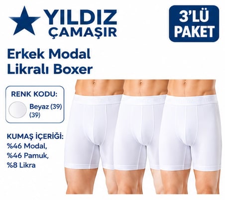 Yıldız Çamaşır Erkek Modal Likralı Boxer (36-37-38-39-40-41-42)- 3 Adet