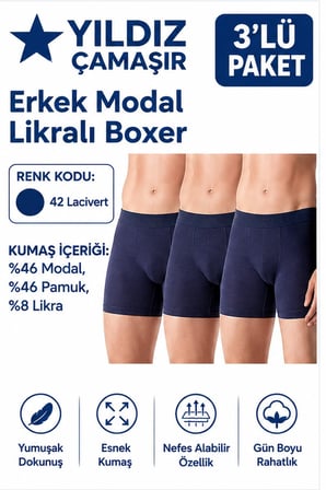 Yıldız Çamaşır Erkek Modal Likralı Boxer (36-37-38-39-40-41-42)- 3 Adet