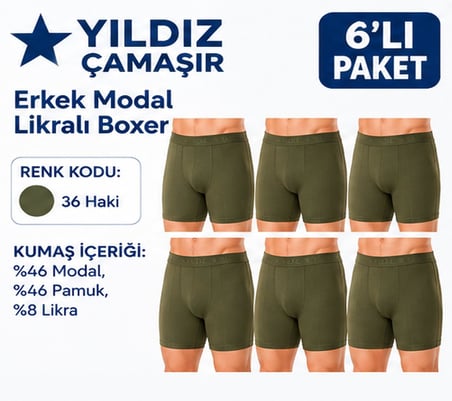 Yıldız Çamaşır Erkek Modal Likralı Boxer (36-37-38-39-40-41-42)- 6 Adet