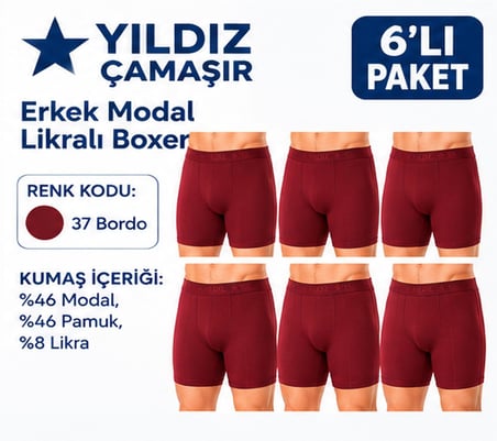 Yıldız Çamaşır Erkek Modal Likralı Boxer (36-37-38-39-40-41-42)- 6 Adet