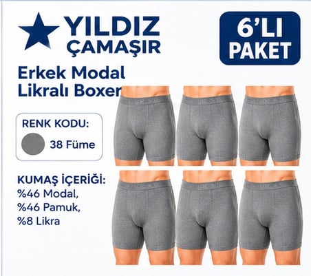 Yıldız Çamaşır Erkek Modal Likralı Boxer (36-37-38-39-40-41-42)- 6 Adet