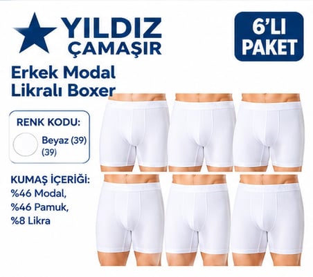 Yıldız Çamaşır Erkek Modal Likralı Boxer (36-37-38-39-40-41-42)- 6 Adet