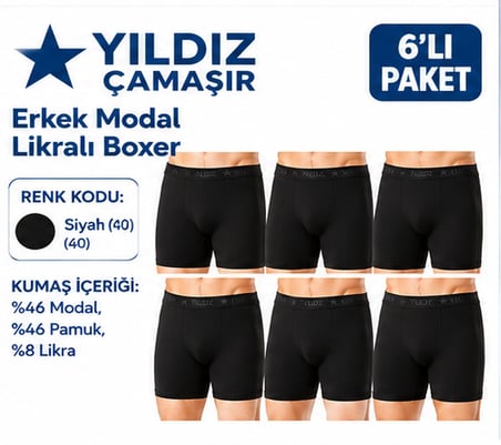 Yıldız Çamaşır Erkek Modal Likralı Boxer (36-37-38-39-40-41-42)- 6 Adet