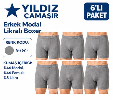 Yıldız Çamaşır Erkek Modal Likralı Boxer (36-37-38-39-40-41-42)- 6 Adet