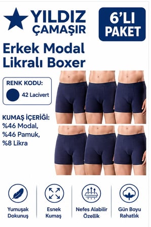 Yıldız Çamaşır Erkek Modal Likralı Boxer (36-37-38-39-40-41-42)- 6 Adet