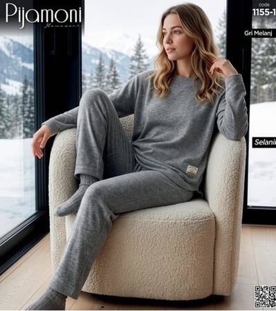 Pijamoni Kadın Bisiklet Yaka Uzun Kol Selanik Kışlık Pijama Takımı 1155-1  - 1 Adet