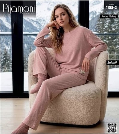 Pijamoni Kadın Bisiklet Yaka Uzun Kol Selanik Kışlık Pijama Takımı 1155-2  - 1 Adet