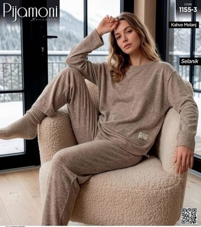 Pijamoni Kadın Bisiklet Yaka Uzun Kol Selanik Kışlık Pijama Takımı 1155-3  - 1 Adet