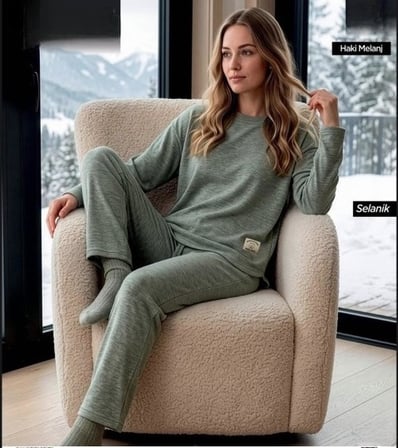 Pijamoni Kadın Bisiklet Yaka Uzun Kol Selanik Kışlık Pijama Takımı 1155-4  - 1 Adet