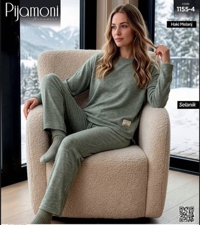 Pijamoni Kadın Bisiklet Yaka Uzun Kol Selanik Kışlık Pijama Takımı 1155-4  - 1 Adet