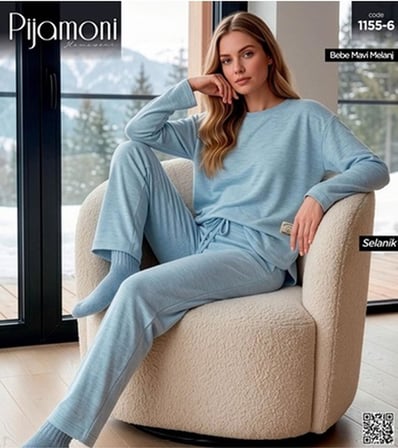 Pijamoni Kadın Bisiklet Yaka Uzun Kol Selanik Kışlık Pijama Takımı 1155-6 - 1 Adet
