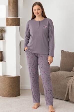 Lindros Kadın Düğme Yaka Raporlu İnterlok KIŞLIK Battal Pijama Takımı 0275 - 1 Adet 