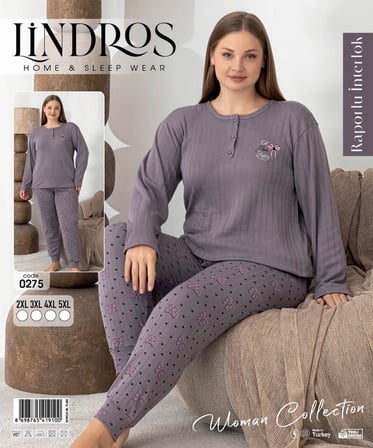 Lindros Kadın Düğme Yaka Raporlu İnterlok KIŞLIK Battal Pijama Takımı 0275 - 1 Adet 