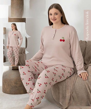 Lindros Kadın Düğme Yaka Raporlu İnterlok KIŞLIK Battal Pijama Takımı 0268 - 1 Adet 
