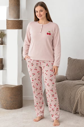 Lindros Kadın Düğme Yaka Raporlu İnterlok KIŞLIK Battal Pijama Takımı 0268 - 1 Adet 