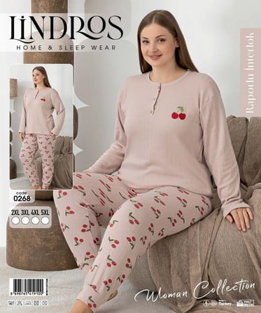 Lindros Kadın Düğme Yaka Raporlu İnterlok KIŞLIK Battal Pijama Takımı 0268 - 1 Adet 