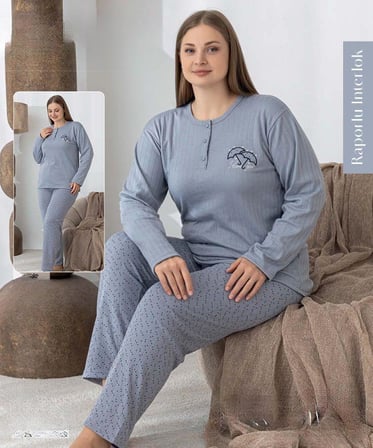 Lindros Kadın Düğme Yaka Raporlu İnterlok KIŞLIK Battal Pijama Takımı 0385 - 1 Adet 