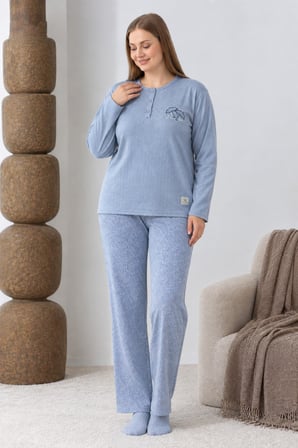 Lindros Kadın Düğme Yaka Raporlu İnterlok KIŞLIK Battal Pijama Takımı 0385 - 1 Adet 