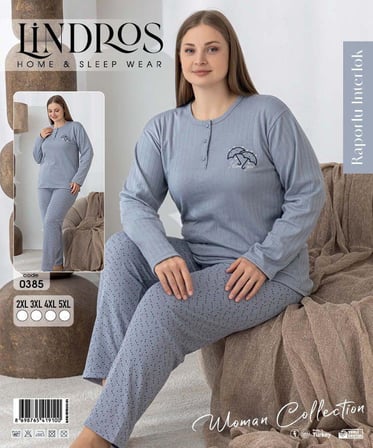 Lindros Kadın Düğme Yaka Raporlu İnterlok KIŞLIK Battal Pijama Takımı 0385 - 1 Adet 