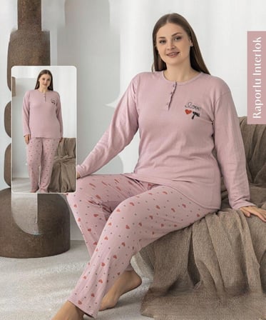 Lindros Kadın Düğme Yaka Raporlu İnterlok KIŞLIK Battal Pijama Takımı 0387 - 1 Adet 
