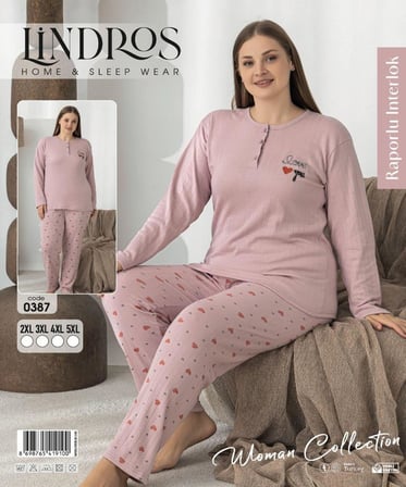 Lindros Kadın Düğme Yaka Raporlu İnterlok KIŞLIK Battal Pijama Takımı 0387 - 1 Adet 