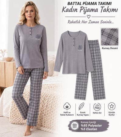 Lindros Kadın Düğme Yaka Raporlu İnterlok KIŞLIK Battal Pijama Takımı 02702 - 1 Adet 