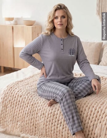 Lindros Kadın Düğme Yaka Raporlu İnterlok KIŞLIK Battal Pijama Takımı 02702 - 1 Adet 