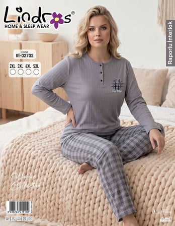 Lindros Kadın Düğme Yaka Raporlu İnterlok KIŞLIK Battal Pijama Takımı 02702 - 1 Adet 