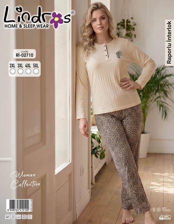 Lindros Kadın Düğme Yaka Raporlu İnterlok KIŞLIK Battal Pijama Takımı 02710 - 1 Adet 
