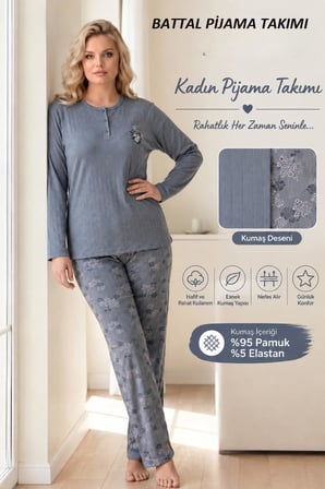 Lindros Kadın Düğme Yaka Raporlu İnterlok KIŞLIK Battal Pijama Takımı 02735 - 1 Adet 