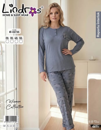 Lindros Kadın Düğme Yaka Raporlu İnterlok KIŞLIK Battal Pijama Takımı 02735 - 1 Adet 