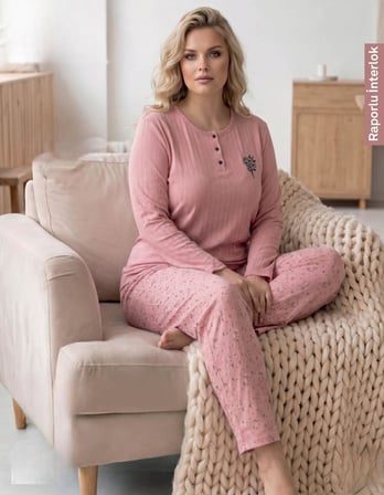 Lindros Kadın Düğme Yaka Raporlu İnterlok KIŞLIK Battal Pijama Takımı 02740 - 1 Adet 