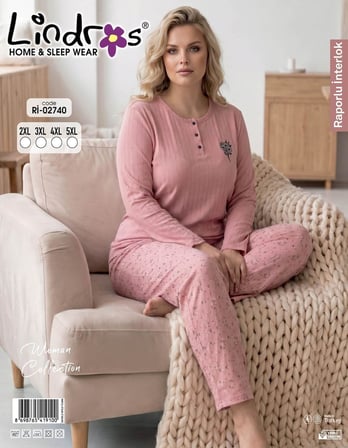 Lindros Kadın Düğme Yaka Raporlu İnterlok KIŞLIK Battal Pijama Takımı 02740 - 1 Adet 