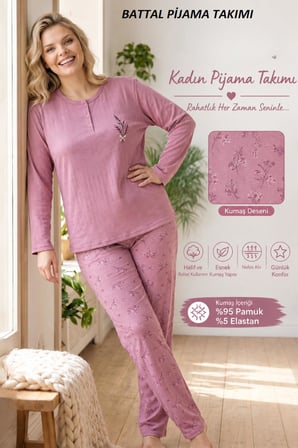 Lindros Kadın Düğme Yaka Raporlu İnterlok KIŞLIK Battal Pijama Takımı 02742 - 1 Adet 