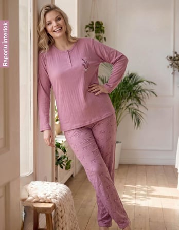 Lindros Kadın Düğme Yaka Raporlu İnterlok KIŞLIK Battal Pijama Takımı 02742 - 1 Adet 