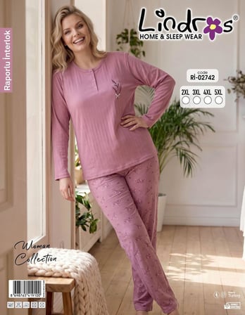 Lindros Kadın Düğme Yaka Raporlu İnterlok KIŞLIK Battal Pijama Takımı 02742 - 1 Adet 