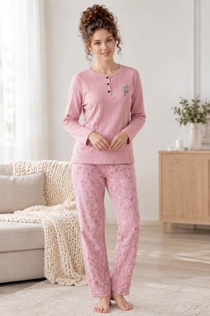 Lindros Kadın Düğme Yaka Raporlu İnterlok KIŞLIK Pijama Takımı 02739 - 1 Adet 