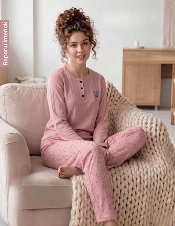 Lindros Kadın Düğme Yaka Raporlu İnterlok KIŞLIK Pijama Takımı 02739 - 1 Adet 