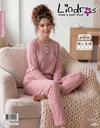 Lindros Kadın Düğme Yaka Raporlu İnterlok KIŞLIK Pijama Takımı 02739 - 1 Adet 