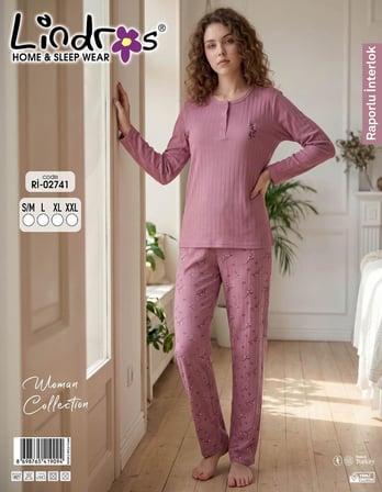 Lindros Kadın Düğme Yaka Raporlu İnterlok KIŞLIK Pijama Takımı 02741 - 1 Adet 